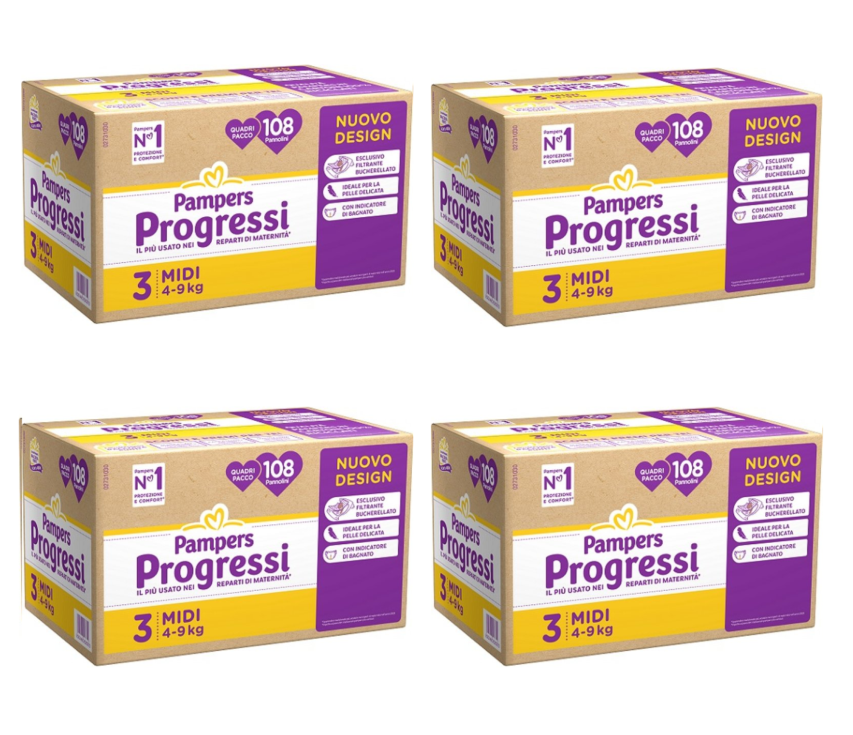 4 CONFEZIONI PANNOLINI PAMPERS PROGRESSI TAGLIA 3 MIDI