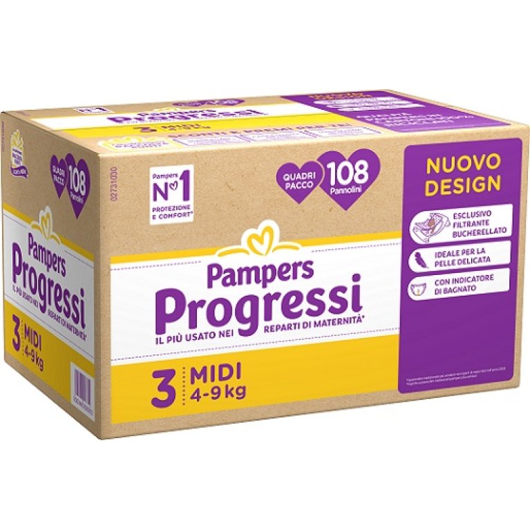 PANNOLlNI PAMPERS PROGRESSI QUADRIPACK TAGLIA 3 MIDI 108 PZ